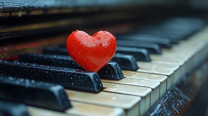 A red heart sits on the keys of a vintage piano with water droplets.