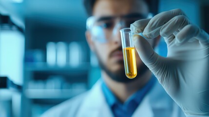 Poster - scientist holding a test tube with yellow liquid in a laboratory setting.