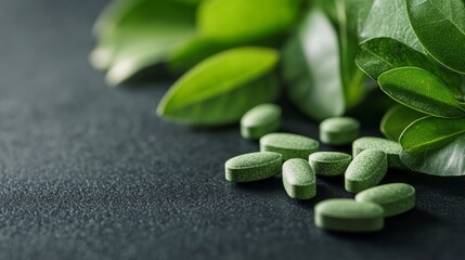 Poster - Green wellness supplements surrounded by fresh leaves on a dark surface during natural light