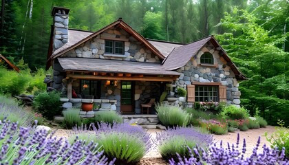 Wall Mural - Enchanting stone cottage surrounded by lavender and lush forest, ideal retreat for nature enthusiasts