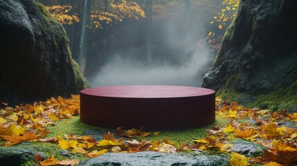 Poster - A circular red platform rests amidst a bed of vibrant autumn leaves in a tranquil forest. Soft mist lingers between moss-covered rocks, creating a peaceful atmosphere in the fall setting.