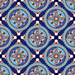 Wall Mural - Abstract mosaic geometric flower ornament tile seamless pattern, traditional, mediterranean folk medieval background.