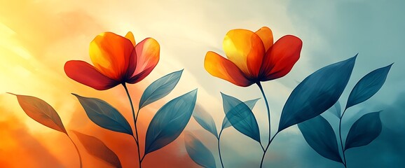 Poster - Two vibrant orange and red flowers with green leaves against a soft, blurred, blue and orange background.