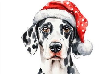 Watercolor illustration of a Dalmatian dog wearing a Santa hat, perfect for Christmas cards, decorations, and festive designs.