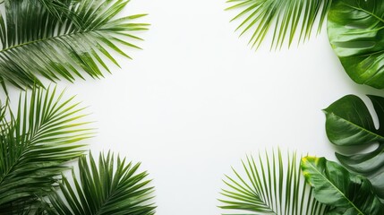 lush green palm leaves framing white background creating natural tropical border fresh vibrant foliage adds exotic touch to minimalist design