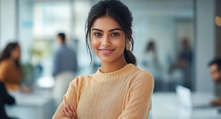 Office, businesswoman and portrait with arms crossed for meeting, leadership and positive attitude. Boardroom, colleagues and happy manager with confidence for creative agency, startup and workplace