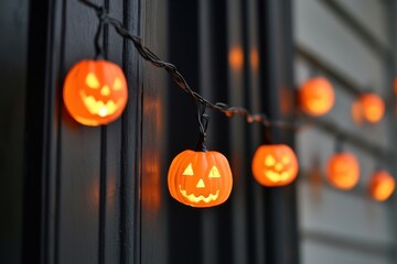 Halloween string lights with pumpkin decorations on a dark background, Halloween light decorations close-up of small orange glowing Halloween string lights hanging in front of black door Generative AI