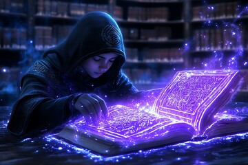 Aufkleber - A student in a fantasy world library, surrounded by ancient, glowing books and magical scrolls, learning forgotten secrets