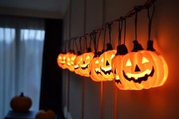 Halloween string lights featuring pumpkin-shaped LED bulbs hanging on a dark wall, spooky decorations for a Halloween party and home decoration Generative AI