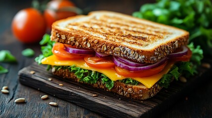 A grilled cheese sandwich with tomato, onion, and lettuce on a wooden cutting board.