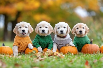 Four adorable golden retriever puppies wearing colorful sweaters sitting next to pumpkins in an autumn setting. Fall and pets.