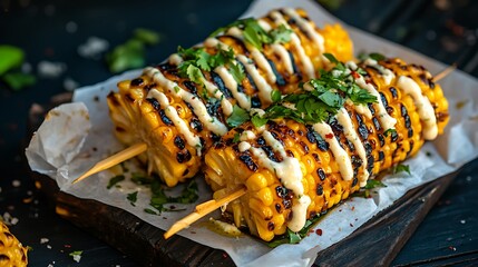 Grilled corn on the cob with aioli, cilantro, and spices on a wooden board.