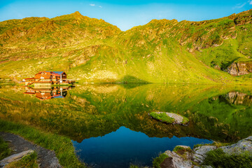 Fagaras mountains with Balea lake on Transfagarasan serpentine road in Sibiu County, Romania.