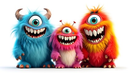 Wall Mural - Playful and Whimsical Colorful Furry Monsters with Big Eyes and Grins Against a Bright White Backdrop