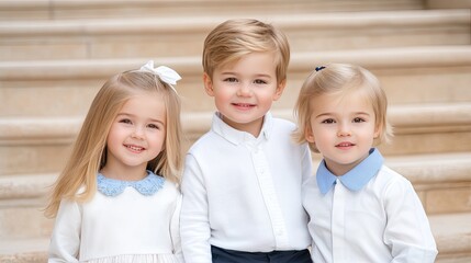 Three children stand together near house steps, dressed in white outfits with blue details, enjoying a cheerful moment on a warm day