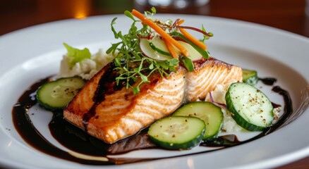 Deliciously grilled salmon fillet served on a plate with fresh vegetables and sauce