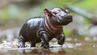 © 9DIGITECH - Enchanting Pygmy Hippo: a charming newborn pygmy hippo that exhibits its unique characteristics and playful attitude in a compelling position. Its cute pink and black tones add to its charm.