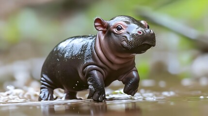 Enchanting Pygmy Hippo: a charming newborn pygmy hippo that exhibits its unique characteristics and playful attitude in a compelling position. Its cute pink and black tones add to its charm.