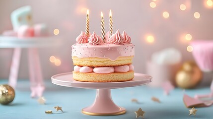 Wall Mural - Pink birthday cake with candles on a cake stand.