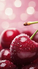 Wall Mural - Freshly washed cherries glistening with water droplets against a soft pink background