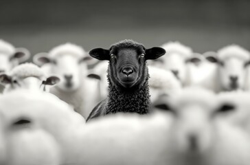 A lone black sheep stands out in a flock of white sheep on a tranquil farm at dusk