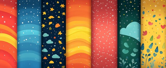 Poster - Colorful seamless patterns with sky, stars, clouds, sunset, and floral designs.