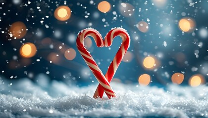 Wall Mural - Heart-Shaped Candy Canes Nestled in Snow with Sparkling Lights, Evoking Love and Joy of Winter and Christmas