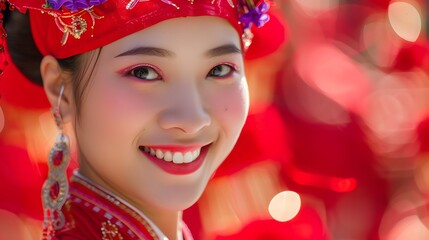 young Chinese woman exudes grace and charm in her traditional red costume, her joyful smile and positive aura illuminated by a sparkling gold coin background.