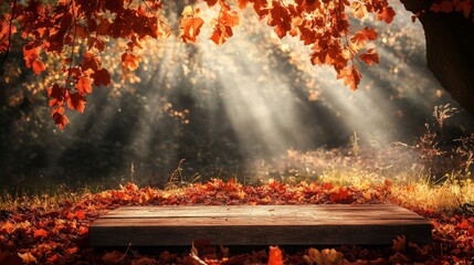 Poster - Golden rays of sunlight illuminate a tranquil spot in the woods where a wooden platform rests on a carpet of fallen autumn leaves, creating a peaceful atmosphere in nature's beauty.