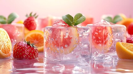 A refreshing summer drink with ice cubes, orange and strawberry slices, and mint leaves.