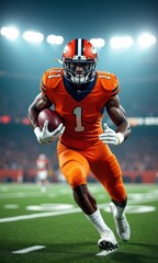 Dynamic football player in an orange uniform sprinting on the field under stadium lights. Perfect for sports marketing, event promotions, and athletic branding.