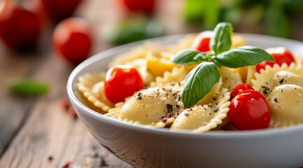 Sticker - Delicious ravioli pasta dish with cherry tomatoes and fresh basil on a rustic wooden table