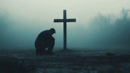 Silhouette of a man kneeling in front of a cross in a foggy outdoor setting. Concept of prayer, mourning, and reflection.