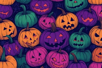 A vibrant pattern of cartoon pumpkins in various colors, including purple and green, on an isolated dark background captures the essence of Halloween with its colorful theme Generative AI