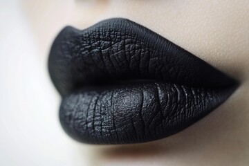 Close-up of bold black matte lipstick applied on lips against a clean white background