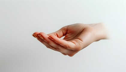 Gesture of Offering: Womans Hand Holding Small Object Against White Background