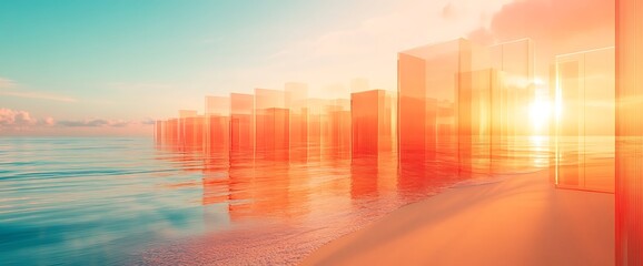 Canvas Print - Abstract cityscape silhouette at sunset reflected in ocean water.