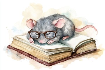 Wall Mural - Sleeping Rat with Glasses on a Book, a watercolor illustration of a cute rat wearing glasses and sleeping on an open book, symbolizing knowledge, wisdom, dreams, and the joy of reading.