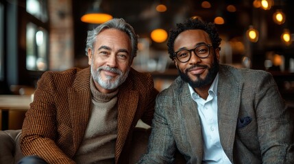 Two men smiling and posing together in a cozy coffee shop during the daytime, showcasing friendship and connection