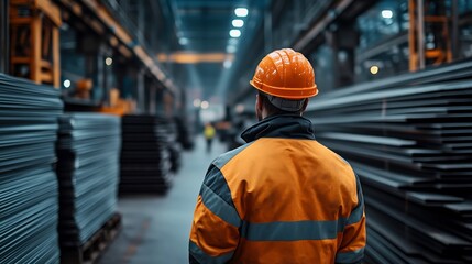 A back view of a worker in an orange reflective jacket and safety helmet inside a steel factory, surrounded by metal sheets and industrial machinery in a large manufacturing plant.