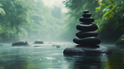 Balanced stones in a calm river with misty forest background