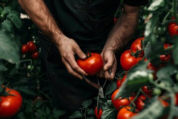 Gardener with gardening scissors picking ripe red tomatoes