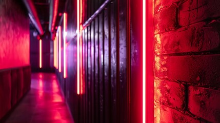 Poster - Red neon lights in a corridor in a modern office building.