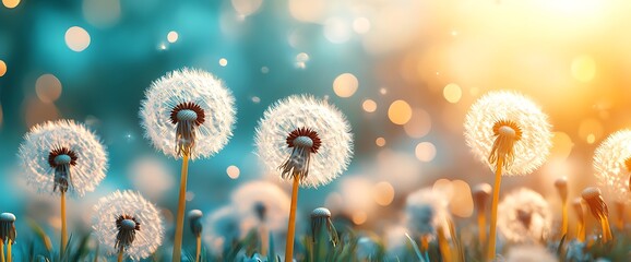 Poster - Dandelion seeds in a field with soft light and bokeh.