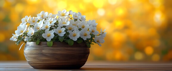 Sticker - White flowers in a wooden pot against a blurred yellow background.