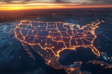 Glowing digital map of the United States symbolizing connectivity at sunset