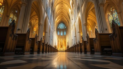 Empty Pews and Stained Glass Windows in a Cathedral Interior