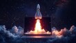 © Rick Cranches - A rocket flies from the laptop screen. Rocket Launch for PC/Laptop , illustration of rocket flying from laptop screen, space rocket launch from laptop screen