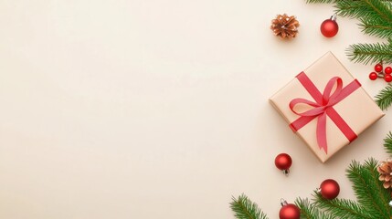 Wall Mural - christmas gift wrapped and new year by pine branches, ornaments, and festive decorations. xmas banne