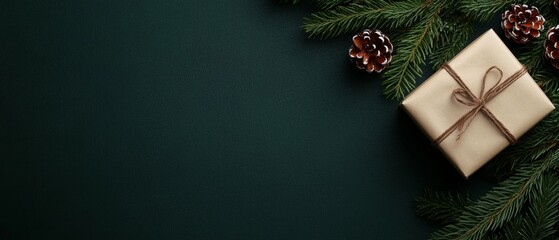 Wall Mural - christmas gift wrapped and new year by pine branches, flat lay top view horizontal banner web poster